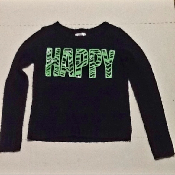 Justice Black Knit Sweater Neon Green Sequin Spellout "Happy" Girl's 16 Warm EUC - Picture 1 of 6